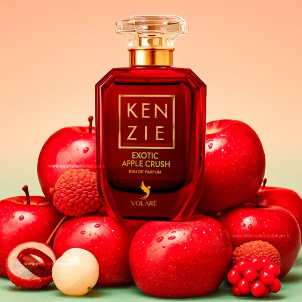 Flacon Kenzie Exotic Apple Crush 100 ml posé sur des pommes rouges et fruits tropicaux – ambiance fruitée et vibrante.